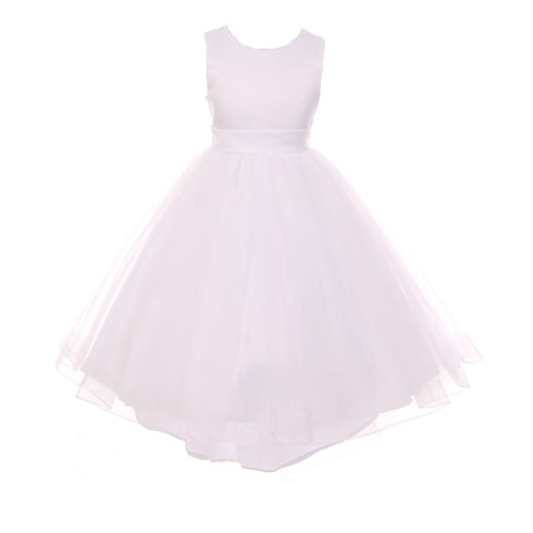 RainKids Big Girls White Pearl Hi-Low Satin Tulle Flower Girl Dress 8-12 - SophiasStyle.com